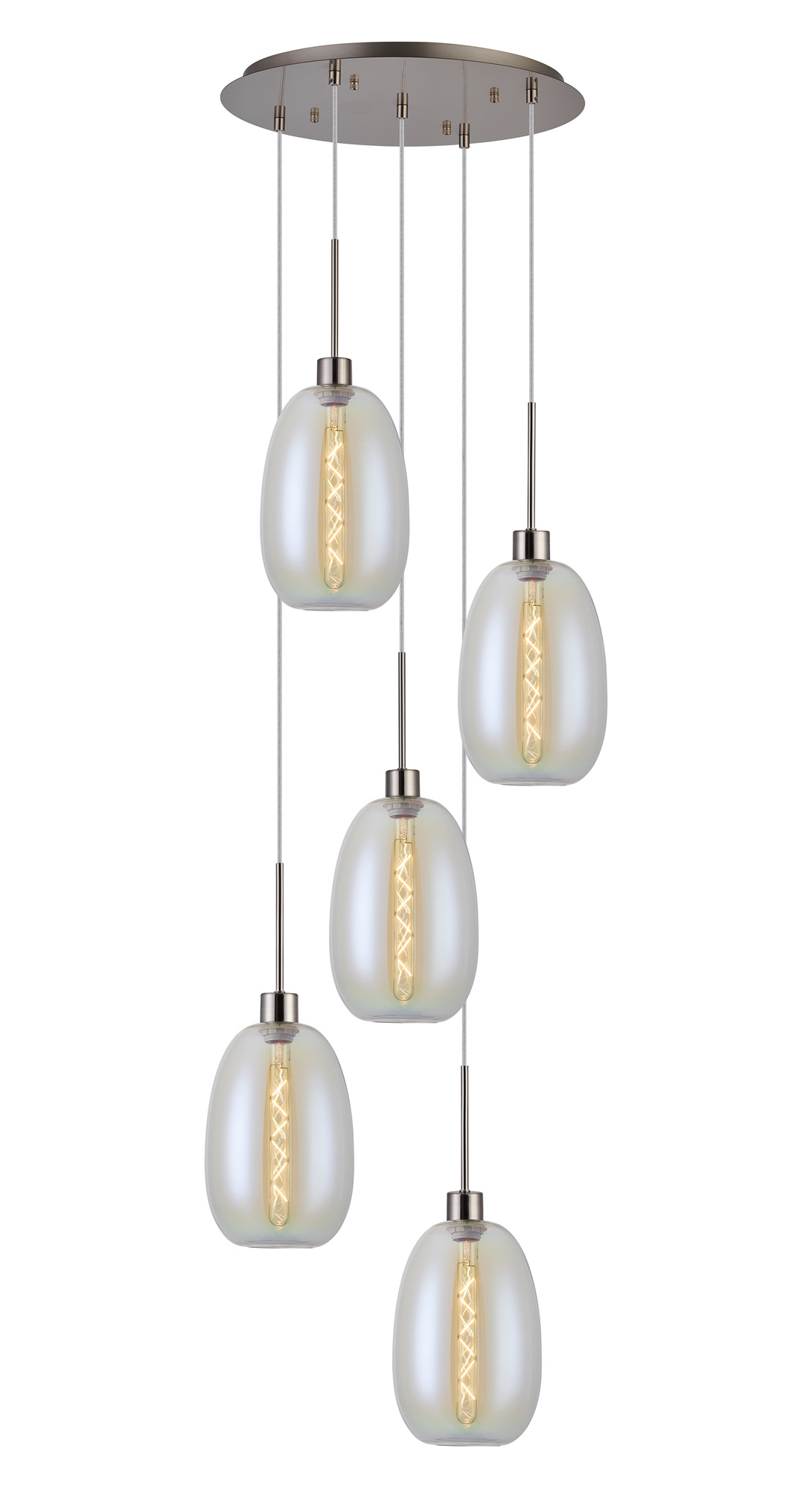 DK1377  Lori 45cm Round Pendant, 5 Light Adjustable E27, Satin Nickel/Iridescent Slim Curved Trapezium Shades